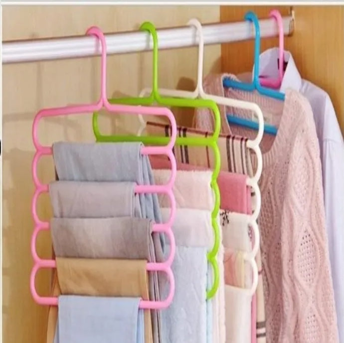 5-layer S-type clothes hanger, anti-slip design for pants and trousers, space-saving and versatile wardrobe organizer.