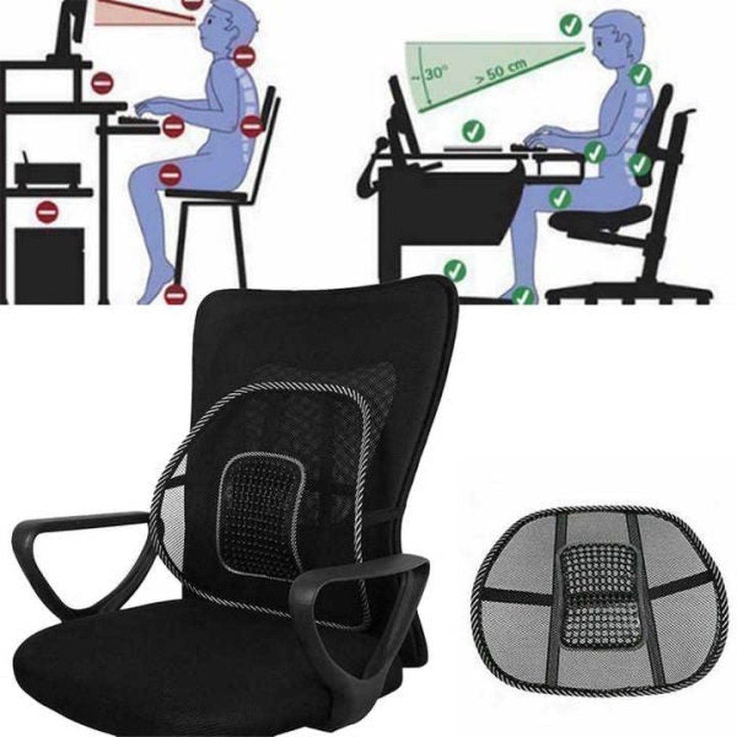 Chair Back Rest with Lumbar Support - Mesh Cushion Pad for Car Seat, Home, Office Chair