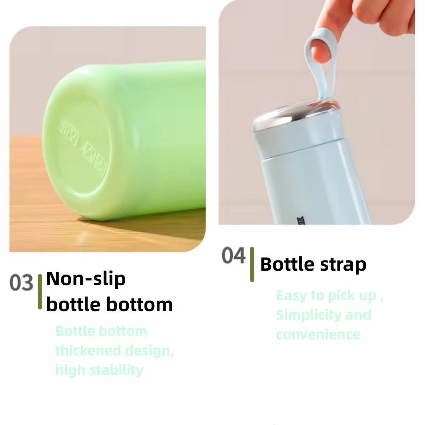 400ml glass mini vacuum flask bottle with loop handle, temperature resistant for hot or cold drinks like water, milk, juice
