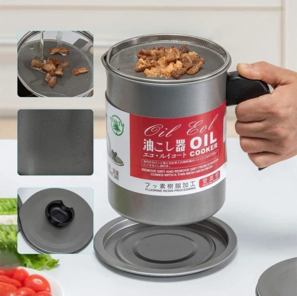 Oil Storage & Filtration Pot with Lid | Kitchen Fryer Oil Filter Jug | 1.4L Capacity | Box Packed | Convenient Handle for Easy Use