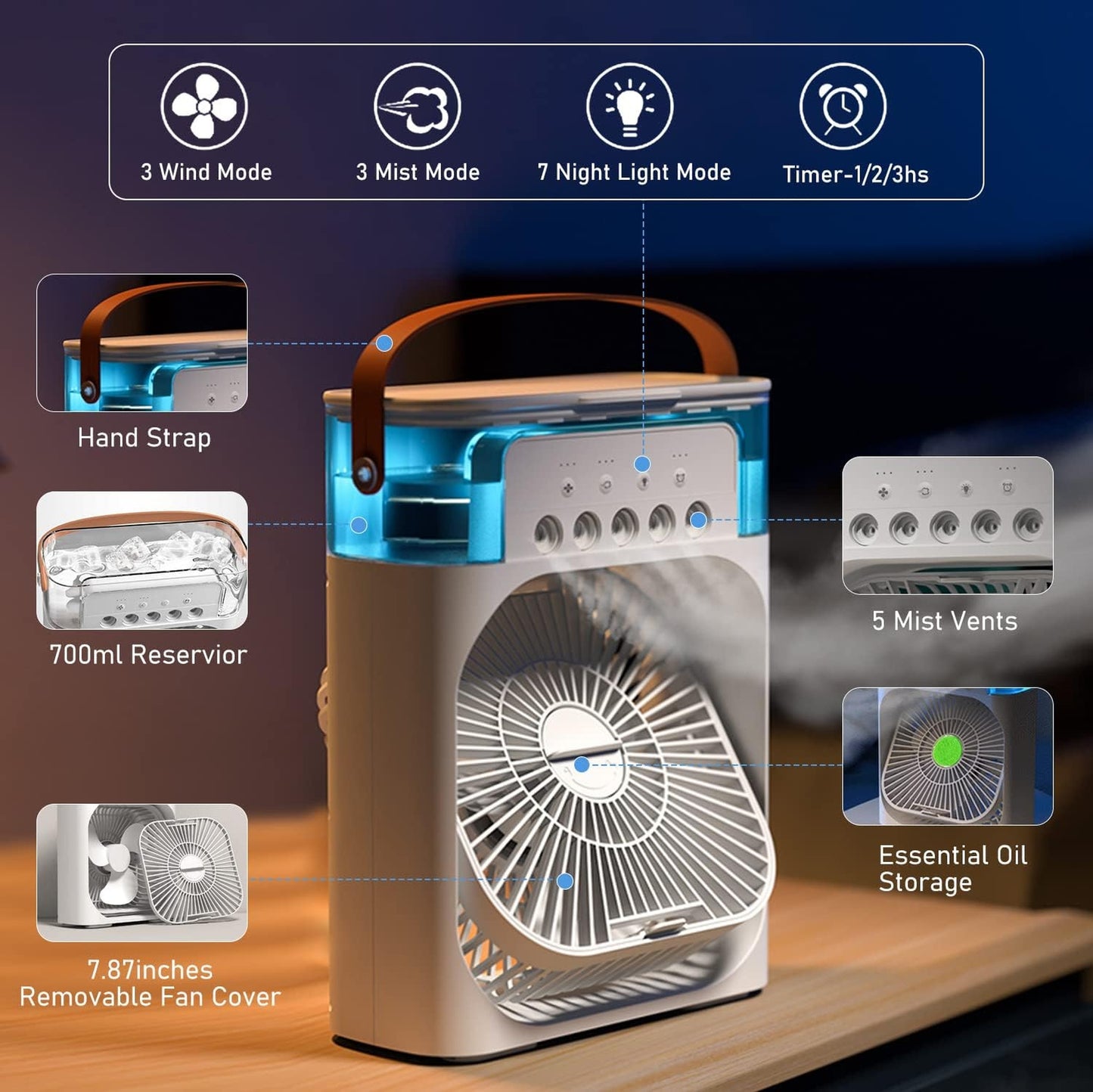 Portable USB Air Conditioner Fan with LED Night Light, Fine Mist, & Humidifier