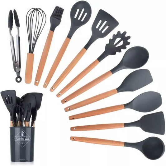 12-piece silicone kitchen utensil set with wooden handles, heat-resistant, non-toxic tools for cooking, baking, and food prep