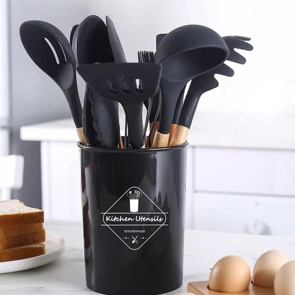 12-piece silicone kitchen utensil set with wooden handles, heat-resistant, non-toxic tools for cooking, baking, and food prep