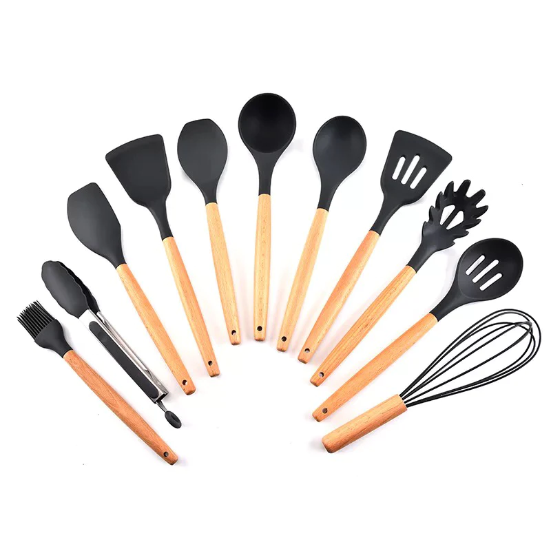 12-piece silicone kitchen utensil set with wooden handles, heat-resistant, non-toxic tools for cooking, baking, and food prep