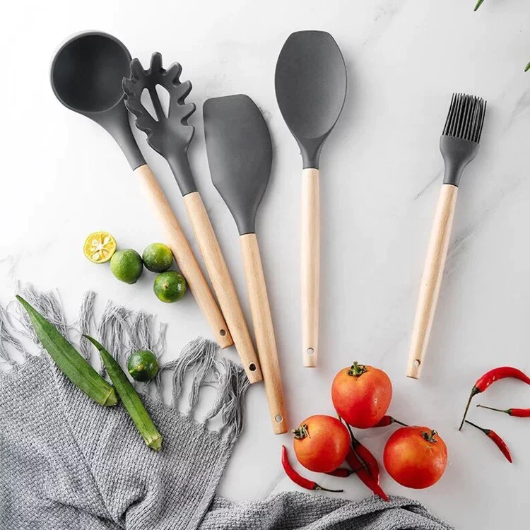 12-piece silicone kitchen utensil set with wooden handles, heat-resistant, non-toxic tools for cooking, baking, and food prep