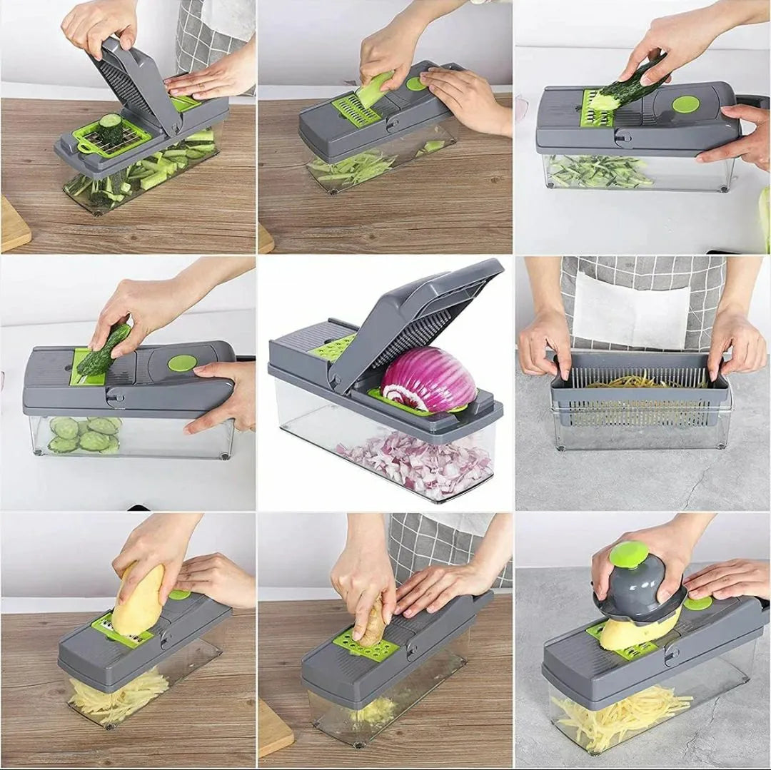 16-in-1 Multifunction Vegetable Chopper Ð sharp stainless steel blades, colander, and storage container for easy food prep