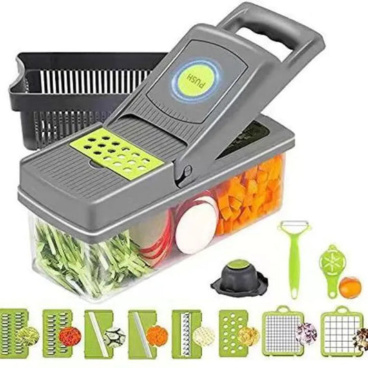16-In-1 Multifunction Vegetable Chopper & Slicer – Heavy-Duty Manual Food Cutter, Dicer & Grater with Colander Basket & Storage Container