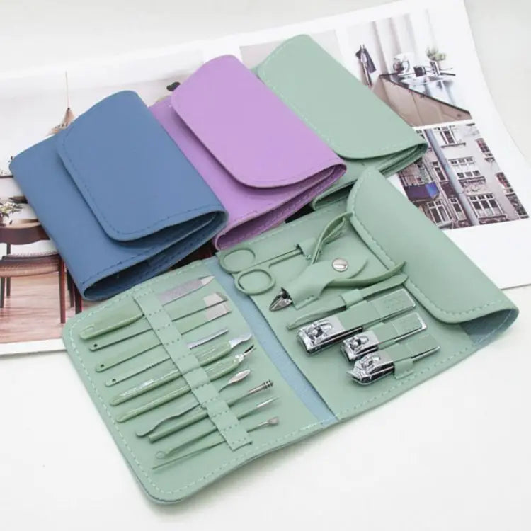 16-in-1 professional nail care kit with stainless steel tools for manicure, pedicure, grooming, and travel use.