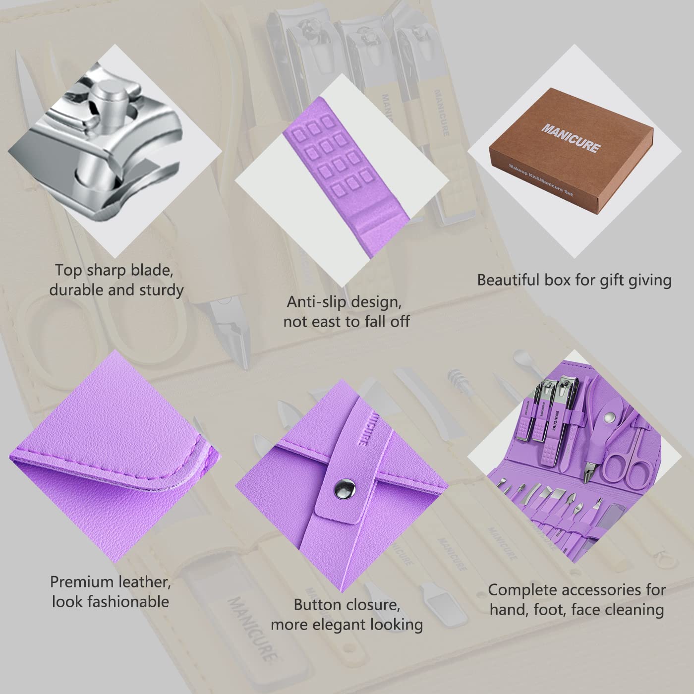 16-in-1 professional nail care kit with stainless steel tools for manicure, pedicure, grooming, and travel use.