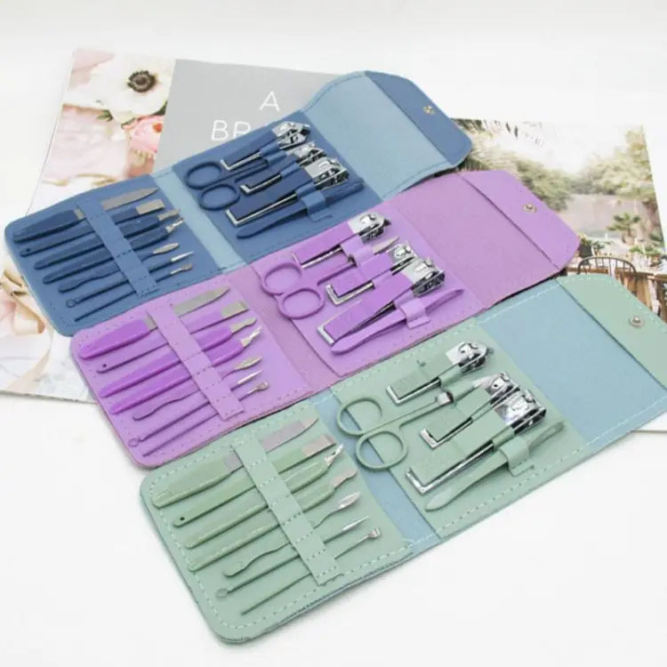 16-in-1 professional nail care kit with stainless steel tools for manicure, pedicure, grooming, and travel use.