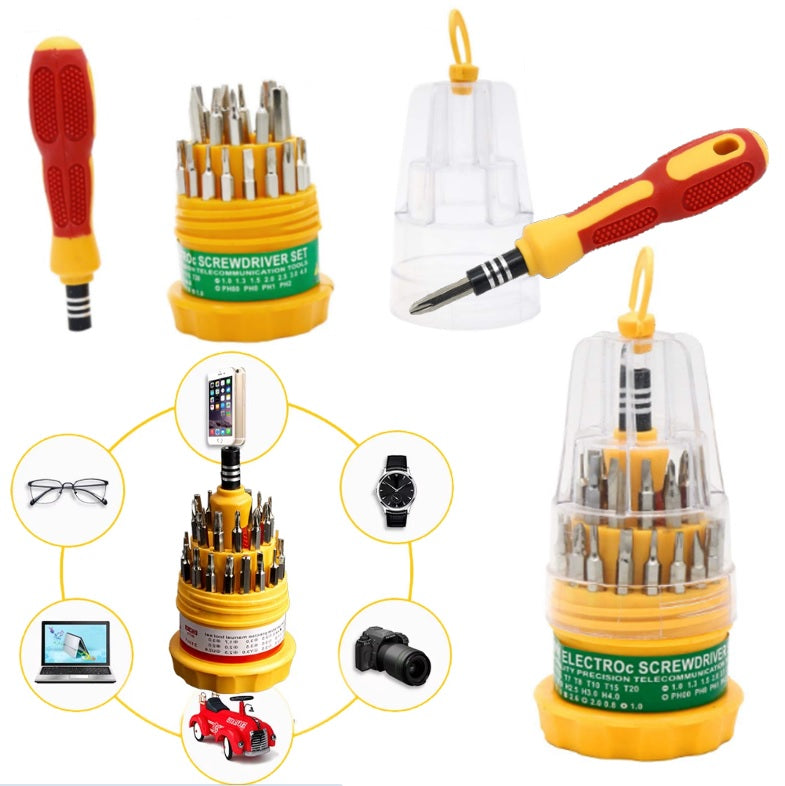 31-piece stainless steel screwdriver set with multiple sizes in a compact case for home, DIY, and electronics repair