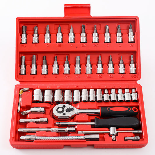 46-piece socket wrench set with ratchet, bits, and chrome vanadium tools for DIY, car, and home repairs.