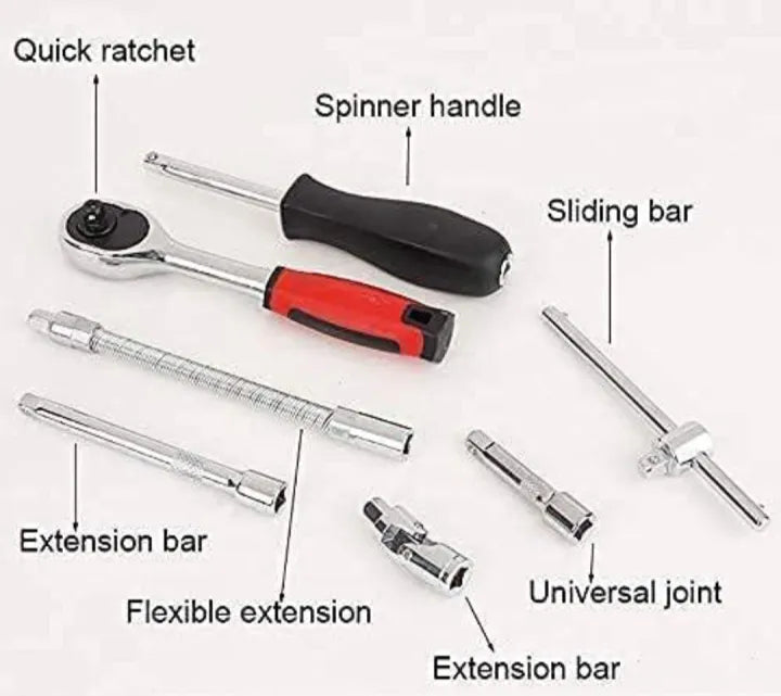 46-piece socket wrench set with ratchet, bits, and chrome vanadium tools for DIY, car, and home repairs.