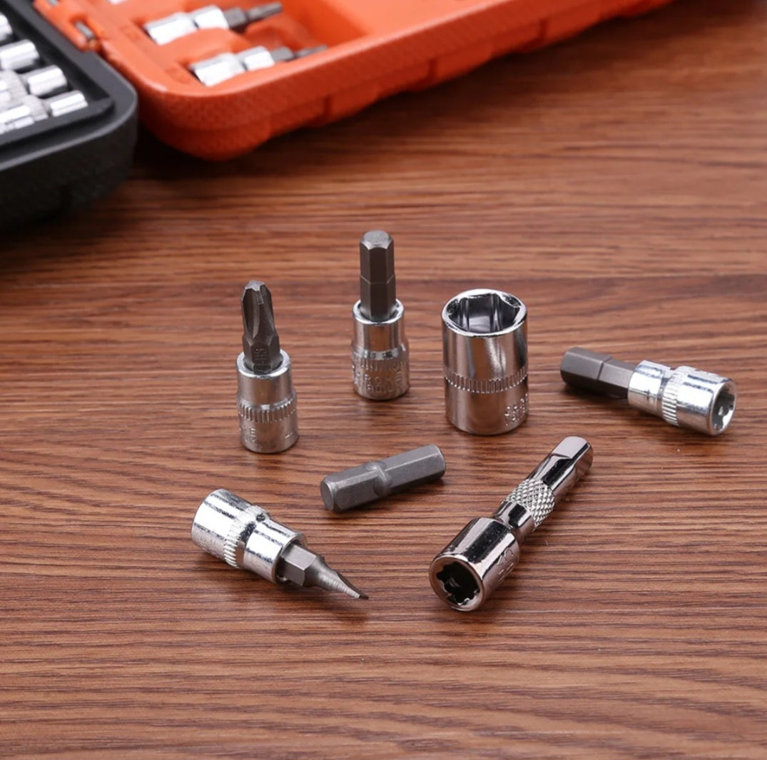 46-piece socket wrench set with ratchet, bits, and chrome vanadium tools for DIY, car, and home repairs.