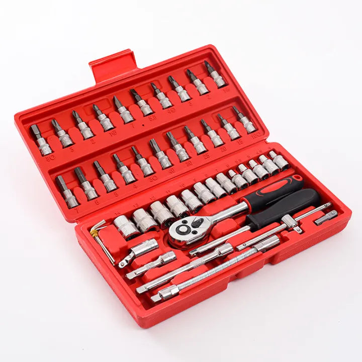 46-piece socket wrench set with ratchet, bits, and chrome vanadium tools for DIY, car, and home repairs.