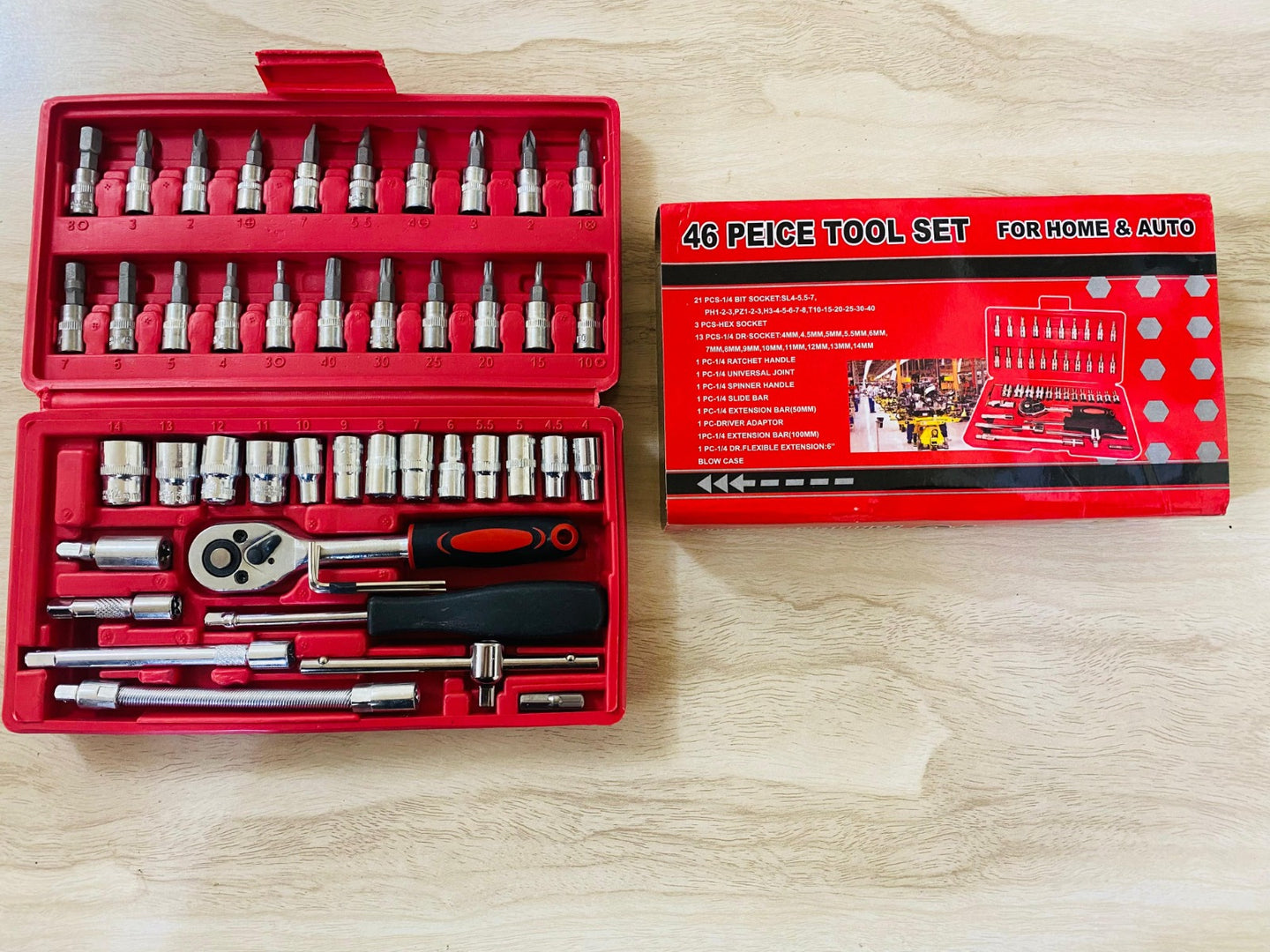 46-piece socket wrench set with ratchet, bits, and chrome vanadium tools for DIY, car, and home repairs.