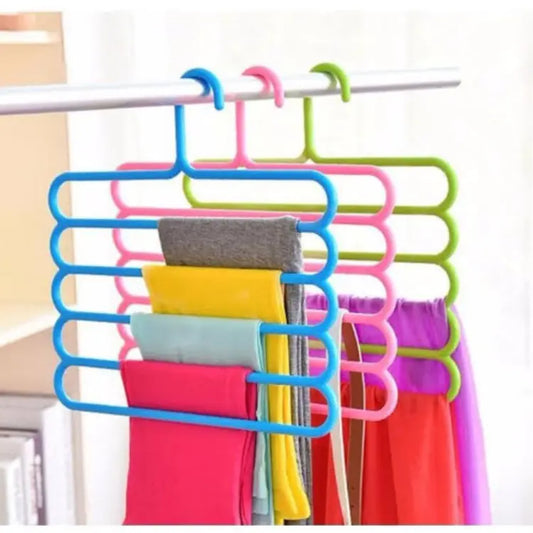 5-layer S-type clothes hanger, anti-slip design for pants and trousers, space-saving and versatile wardrobe organizer.