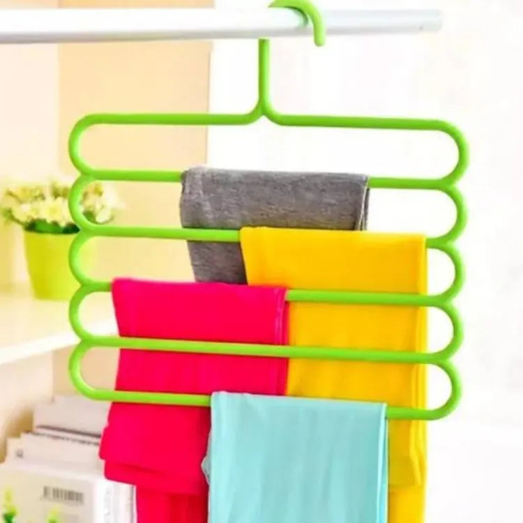 5-layer S-type clothes hanger, anti-slip design for pants and trousers, space-saving and versatile wardrobe organizer.