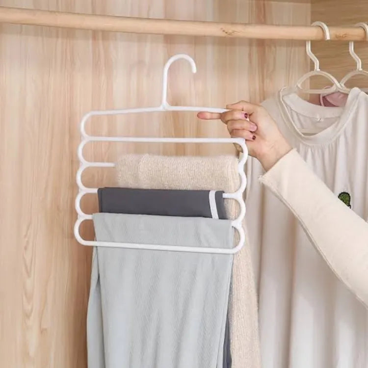 5-layer S-type clothes hanger, anti-slip design for pants and trousers, space-saving and versatile wardrobe organizer.