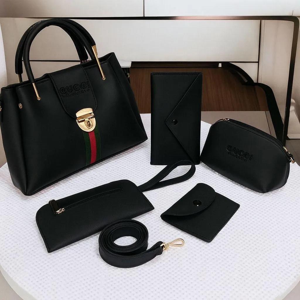 5-piece women's handbag set including tote, shoulder, crossbody, clutch, and wallet in stylish durable artificial leather