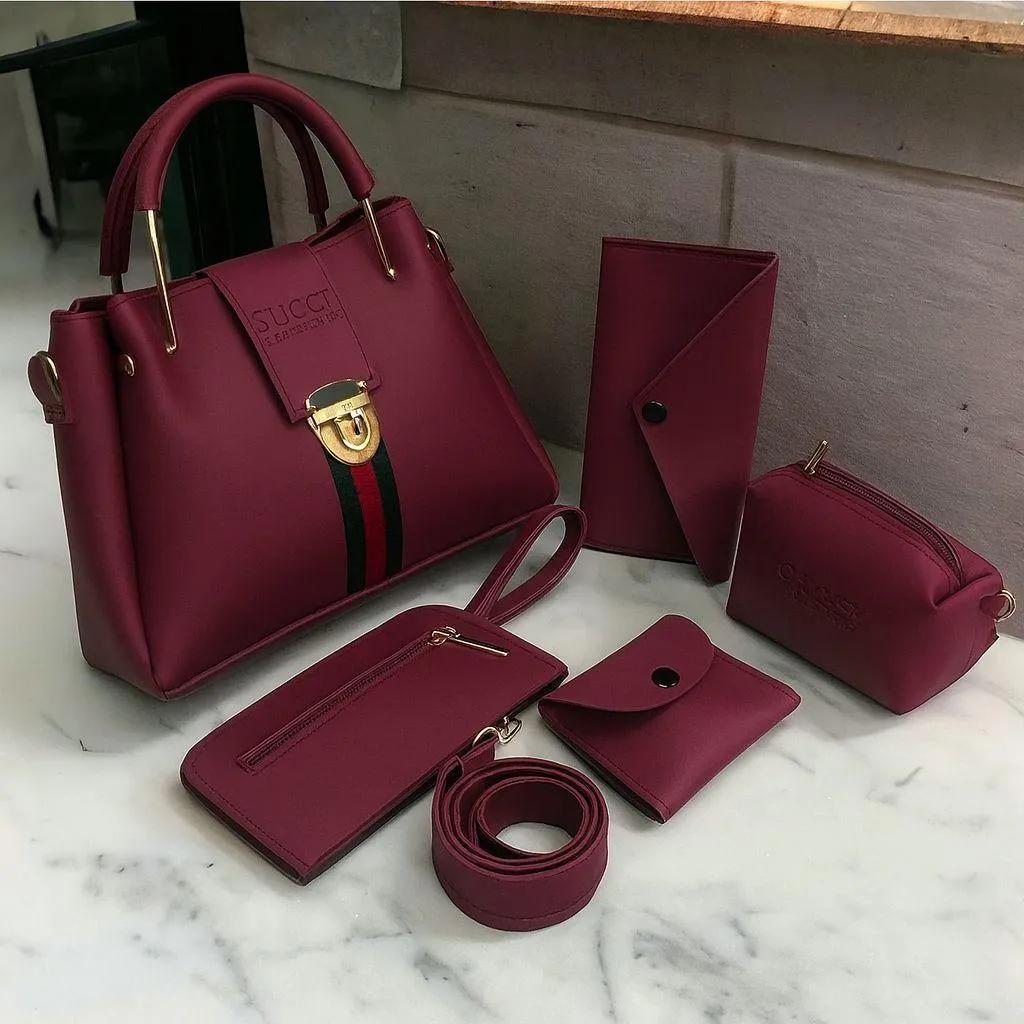 5-piece women's handbag set including tote, shoulder, crossbody, clutch, and wallet in stylish durable artificial leather