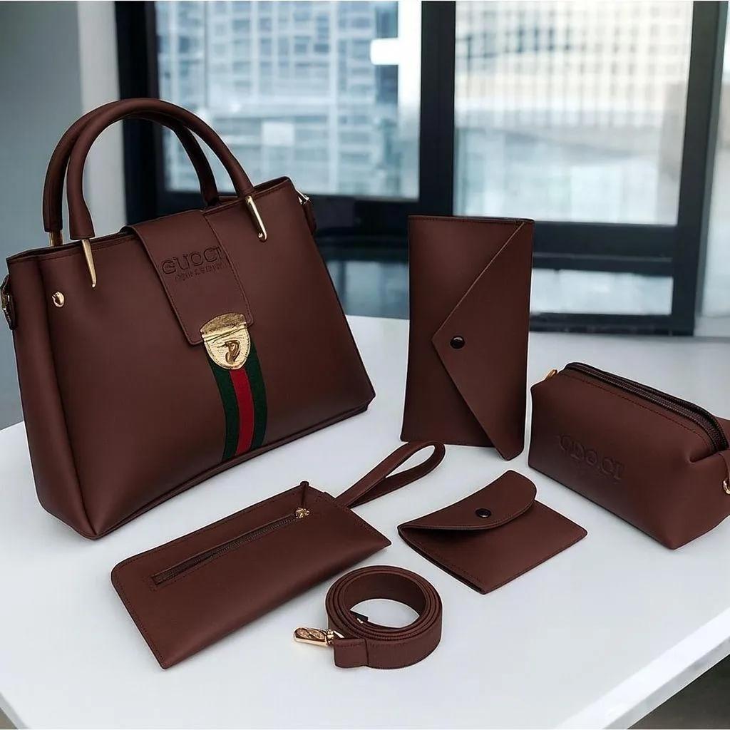 5-piece women's handbag set including tote, shoulder, crossbody, clutch, and wallet in stylish durable artificial leather