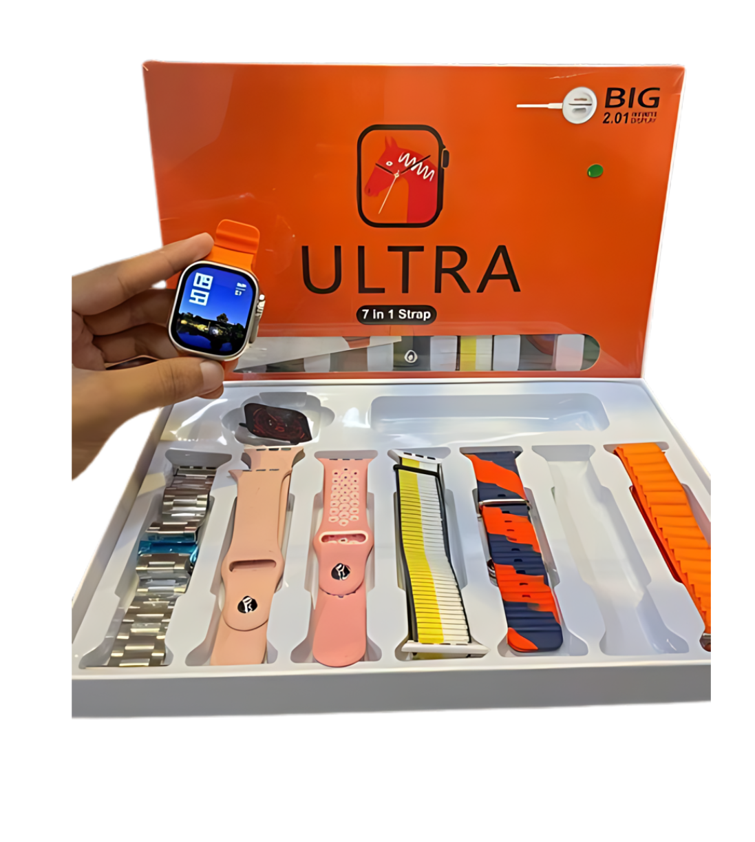7-in-1 ultra smartwatch with 2.0in HD display, Bluetooth calling, GPS, heart rate and sleep tracking, wireless charging.