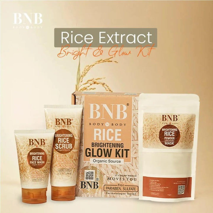 BNB 3-In-1 Rice Extract Skincare Kit for brightening, hydrating, and repairing skin with gentle daily use formula