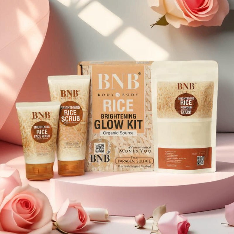BNB 3-In-1 Rice Extract Skincare Kit for brightening, hydrating, and repairing skin with gentle daily use formula