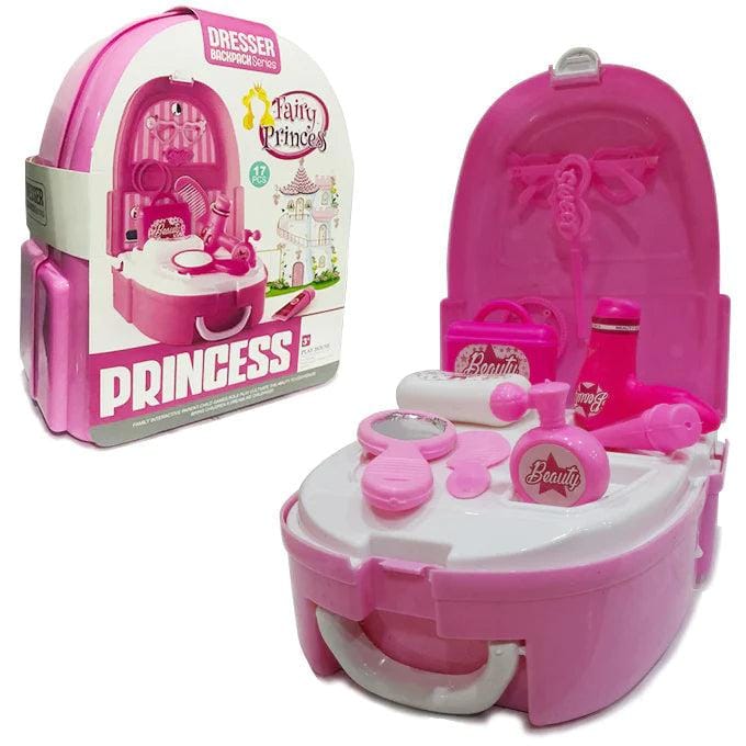Girls backpack makeup toy set with colorful pretend cosmetics, safe for kids 3+, encourages creativity and role-play fun.