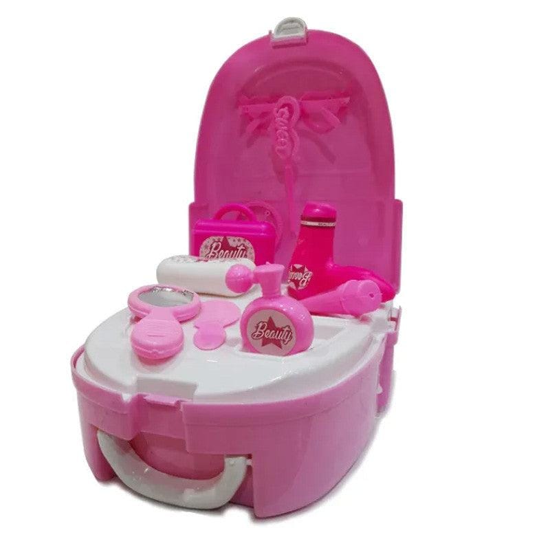 Girls backpack makeup toy set with colorful pretend cosmetics, safe for kids 3+, encourages creativity and role-play fun.
