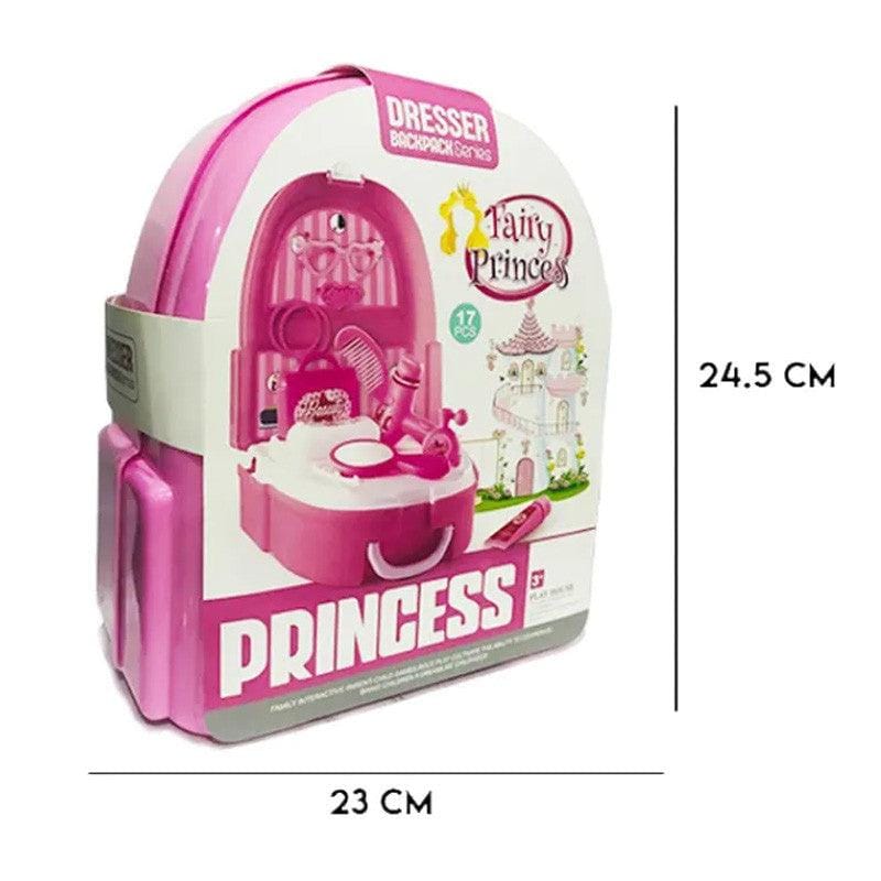 Girls backpack makeup toy set with colorful pretend cosmetics, safe for kids 3+, encourages creativity and role-play fun.
