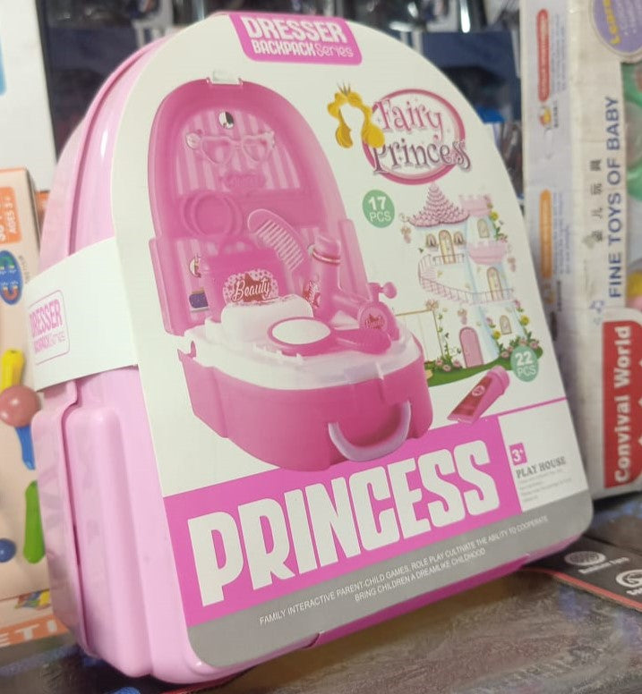 Girls backpack makeup toy set with colorful pretend cosmetics, safe for kids 3+, encourages creativity and role-play fun.