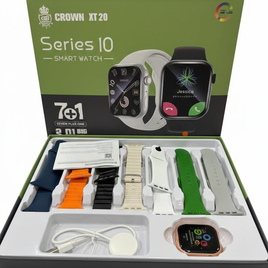 CROWN XT20 Series I0 Smart Watch 7+1 Combo 2.01in HD display, Bluetooth calling, 7 straps, stylish smartwatch for daily use