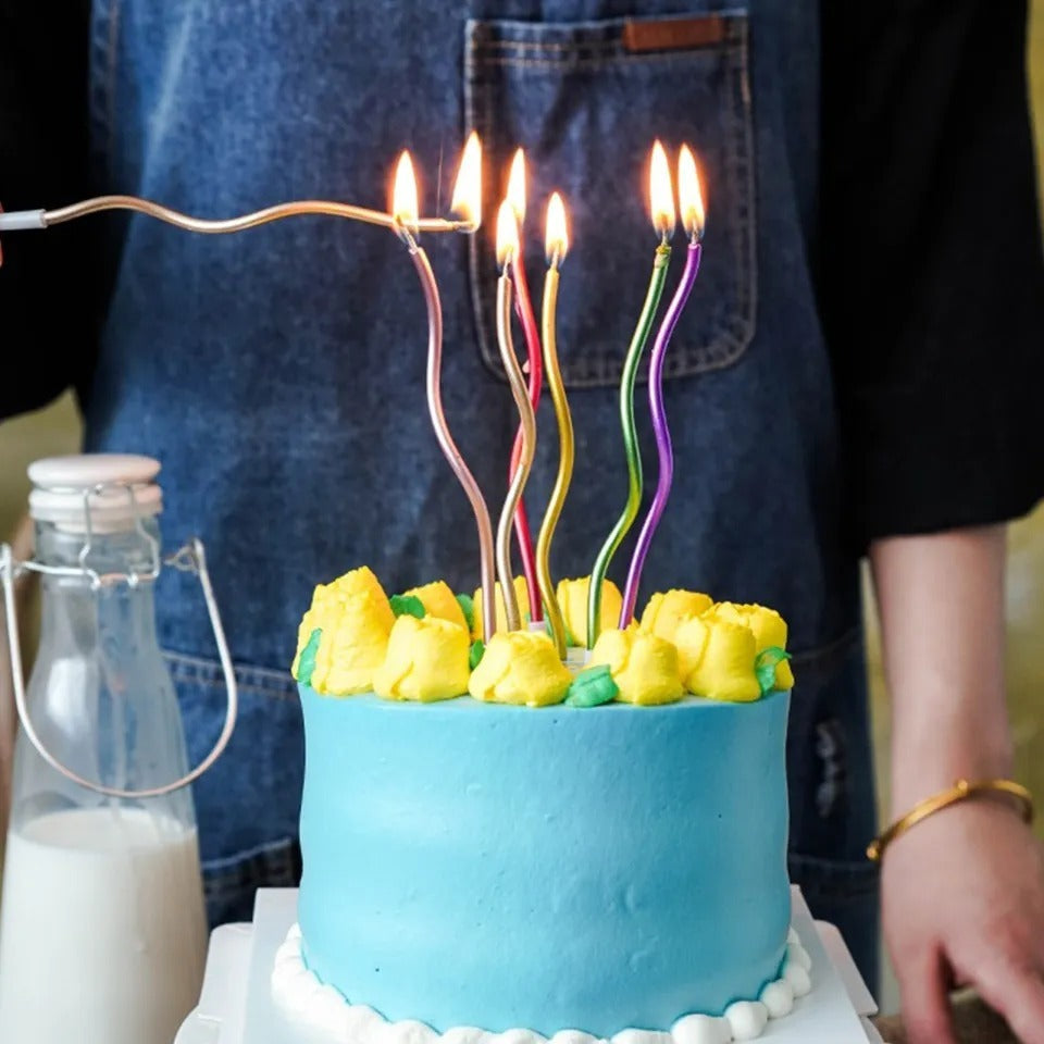 6-pack curved decorative cake candles for birthdays, weddings, and celebrations in assorted random colors.