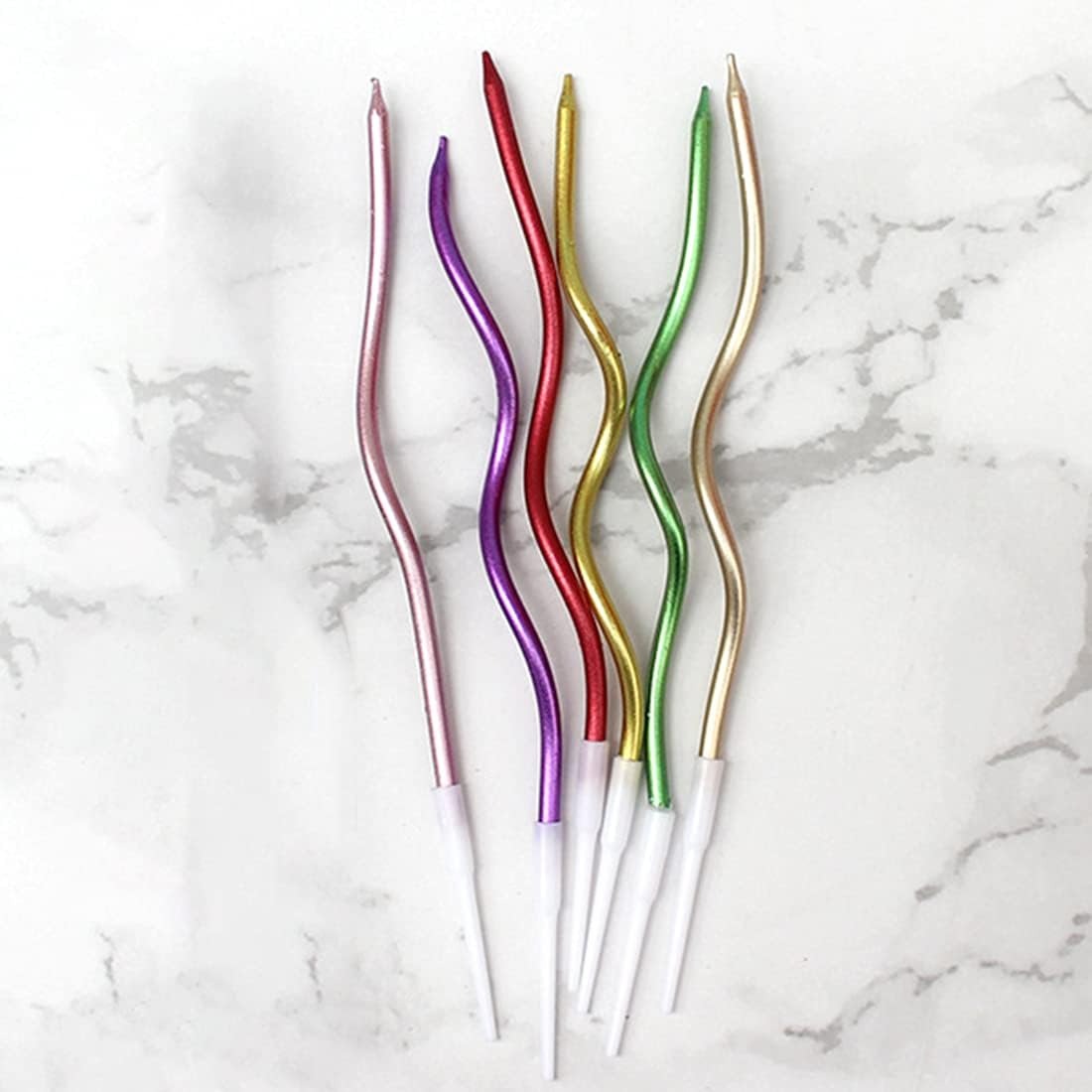 6-pack curved decorative cake candles for birthdays, weddings, and celebrations in assorted random colors.