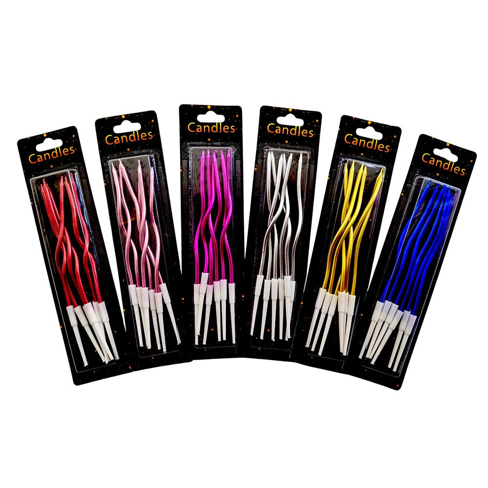 6-pack curved decorative cake candles for birthdays, weddings, and celebrations in assorted random colors.