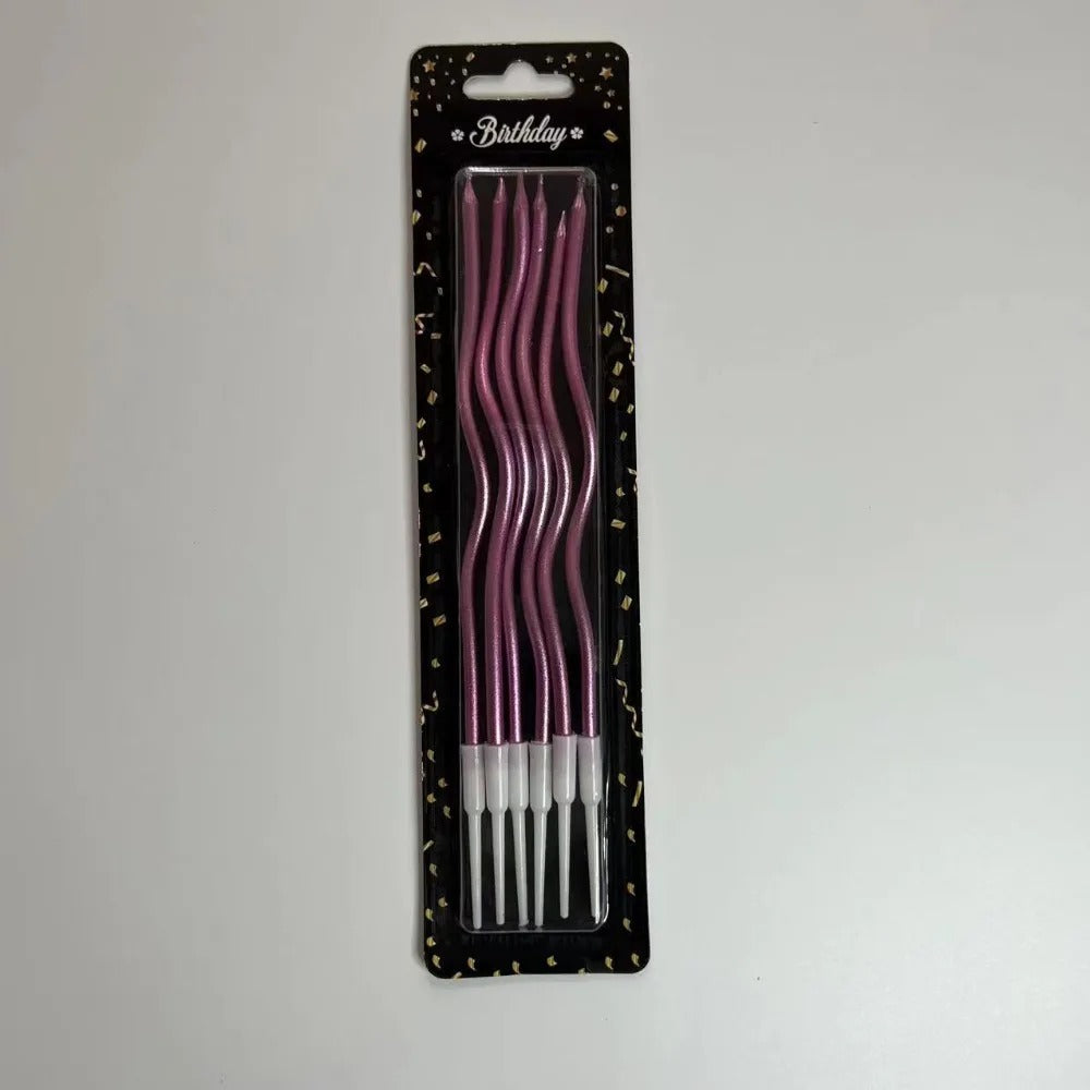 6-pack curved decorative cake candles for birthdays, weddings, and celebrations in assorted random colors.