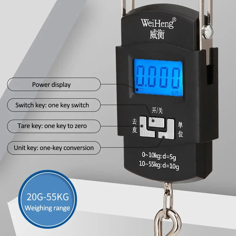 Portable digital hanging scale with LED screen for heavy-duty luggage weighing and travel use.