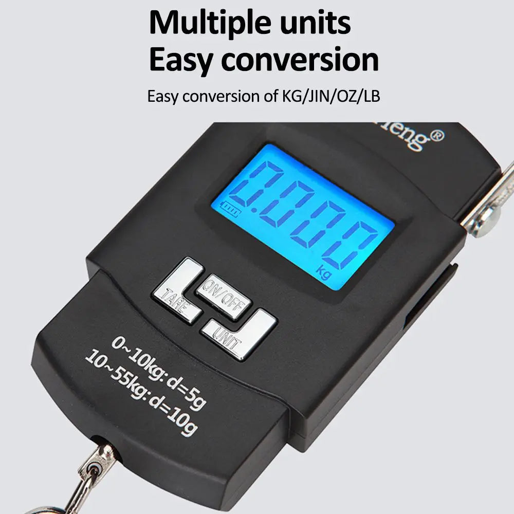 Portable digital hanging scale with LED screen for heavy-duty luggage weighing and travel use.