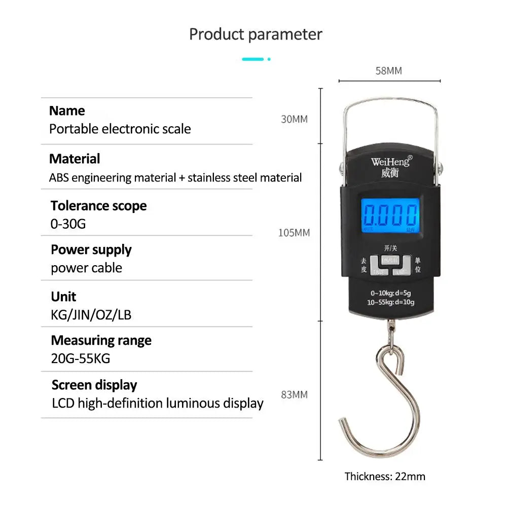 Portable digital hanging scale with LED screen for heavy-duty luggage weighing and travel use.