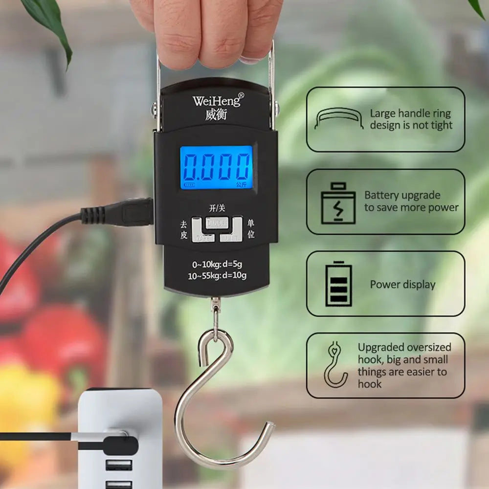 Portable digital hanging scale with LED screen for heavy-duty luggage weighing and travel use.