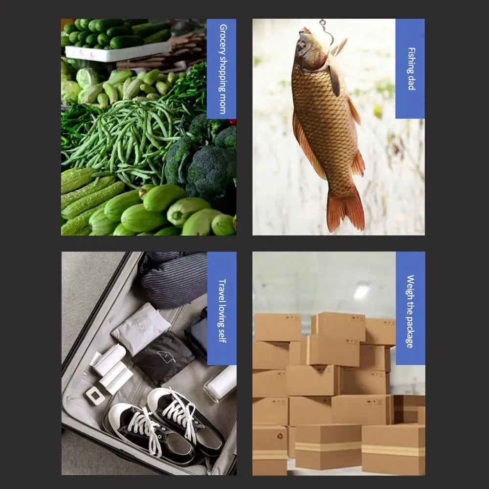 Portable digital hanging scale with LED screen for heavy-duty luggage weighing and travel use.