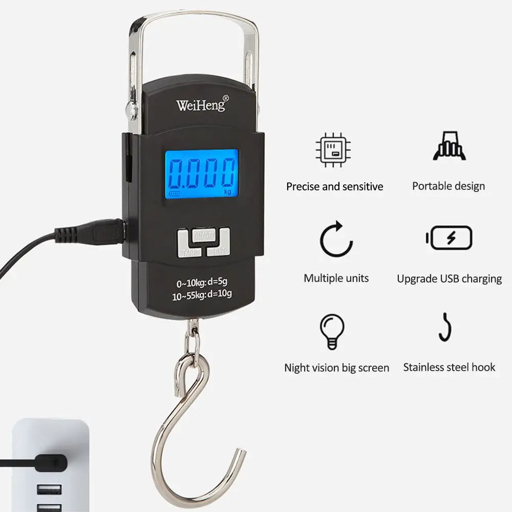 Portable digital hanging scale with LED screen for heavy-duty luggage weighing and travel use.