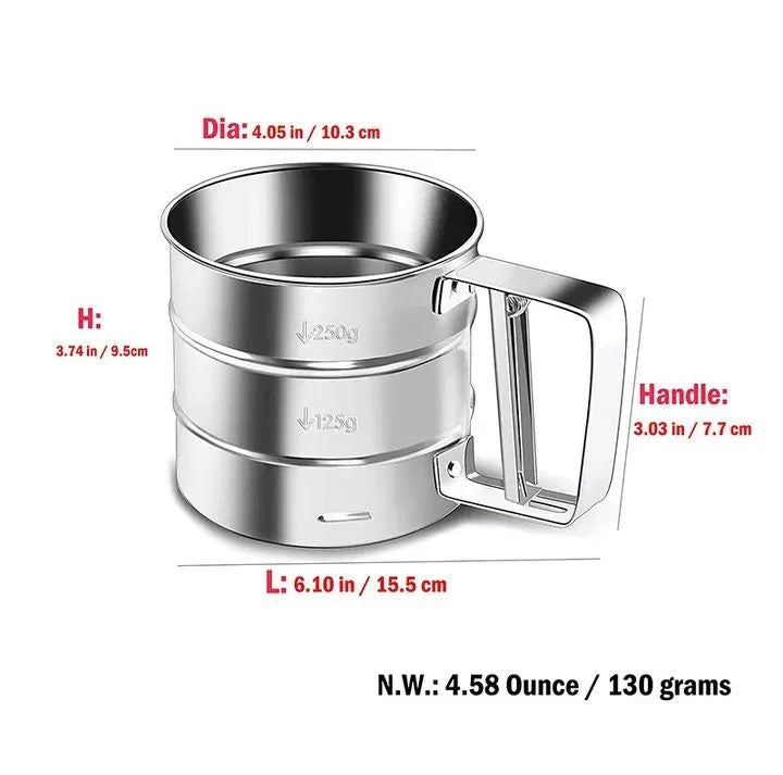 Stainless steel flour sifter with double-layer mesh and one-hand press for smooth, lump-free baking every time