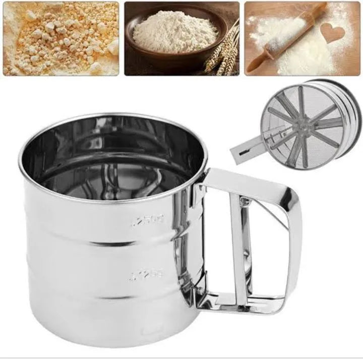 Stainless steel flour sifter with double-layer mesh and one-hand press for smooth, lump-free baking every time