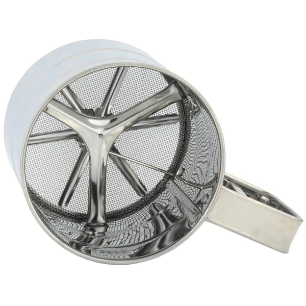 Stainless steel flour sifter with double-layer mesh and one-hand press for smooth, lump-free baking every time