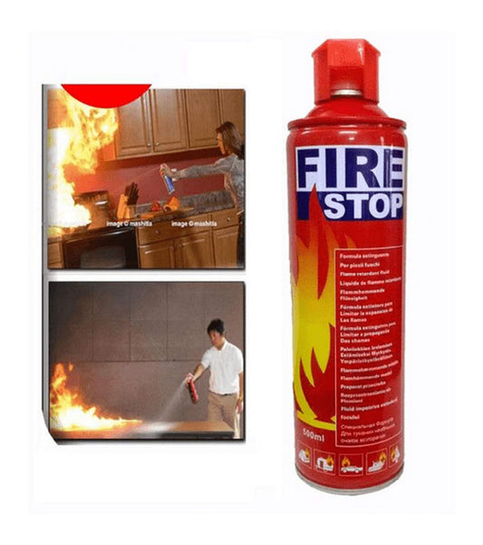 Portable 500ml foam fire stop spray for home, kitchen, car, and office emergency safety and fire protection.