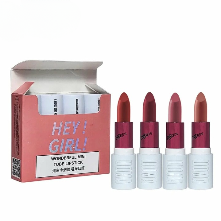 HengFang Hey Girl mini velvet matte lipstick set of 4 shades, highly pigmented, lightweight, travel-friendly, gift-ready.