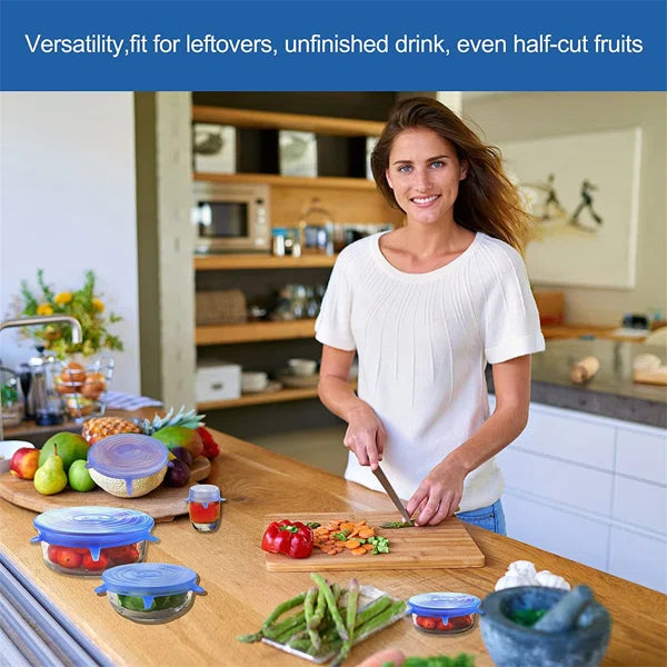 6-piece reusable silicone stretch lids for bowls, plates, and containers, keeping food fresh, spill-free, and eco-friendly